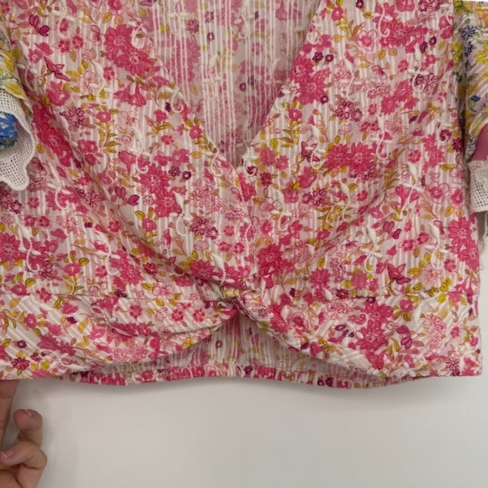 LoveShackFancy Kielle Crop Top Size Medium Pink Floral Twist Front Ruffle Sleeve - Picture 7 of 11